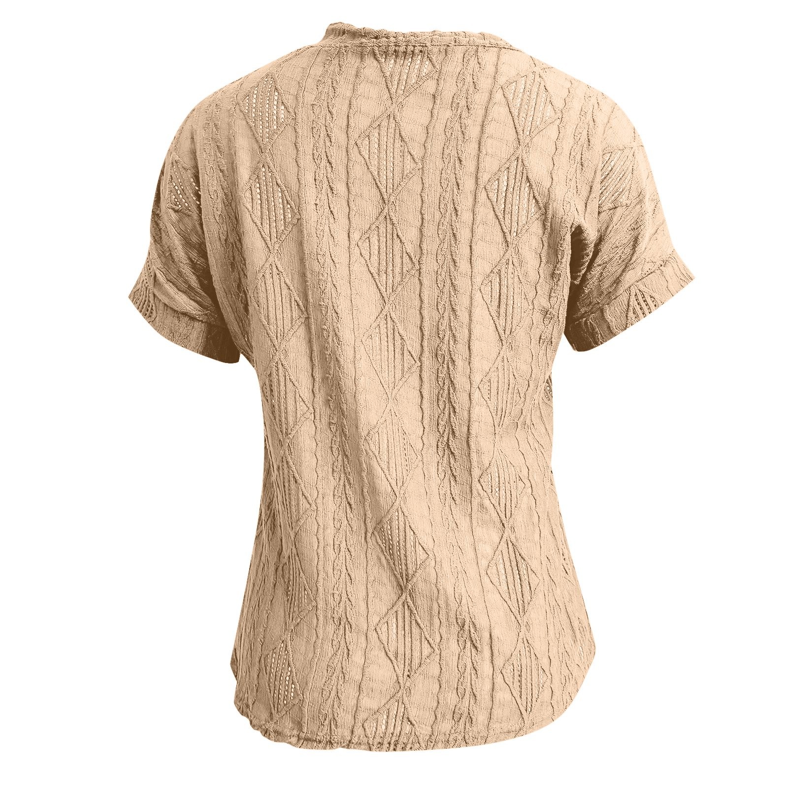thumbnail image 5 of Camisa de punto jacquard holgada con cuello en V para mujer: manga corta, detalle de cordones, informal de verano, fácil de cuidar, 5 of 7